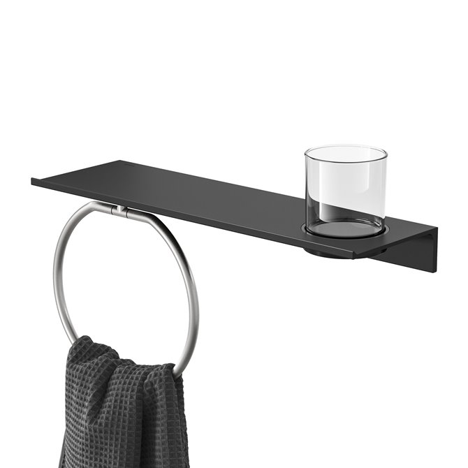 Geesa - Geesa Leev Bathroom shelf 40 cm Black with towel ring Brushed  stainless steel with glass